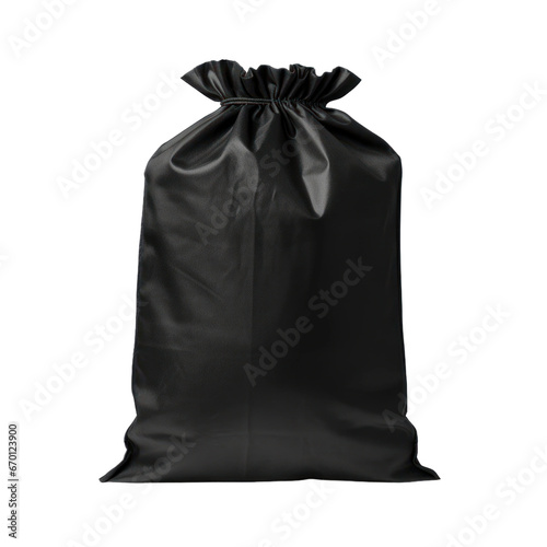 Black plastic garbage bag isolated on white or transparent background, png clipart, design element. Easy to place on any other background.