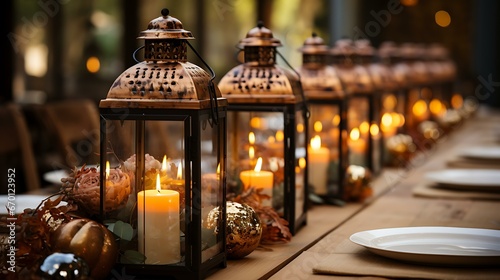 Uma mesa de madeira adornada com decorações no estilo vintage, como lanternas, um trilho de mesa de juta e castiçais de latão envelhecido. photo