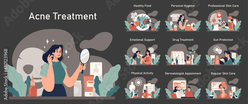 Acne treatment dark or night mode set. Dermatology and cosmetology diagnosis and care. Healthy facial skin tips. Blackheads and pimples treatment process. Flat vector illustration