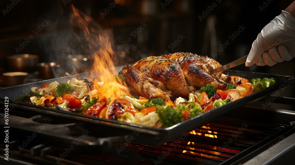 Um plano dinâmico de um chef ou cozinheiro caseiro selando um peru em uma frigideira borbulhante, criando uma exibição visualmente envolvente de habilidade culinária