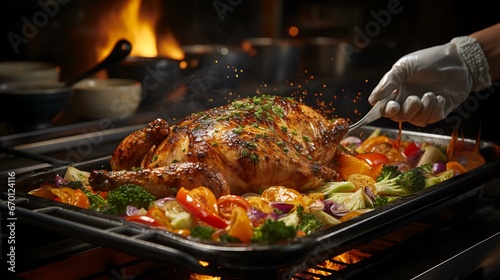 Um plano dinâmico de um chef ou cozinheiro caseiro selando um peru em uma frigideira borbulhante, criando uma exibição visualmente envolvente de habilidade culinária