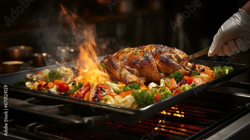 Um plano dinâmico de um chef ou cozinheiro caseiro selando um peru em uma frigideira borbulhante, criando uma exibição visualmente envolvente de habilidade culinária photo