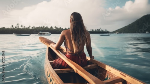 Outrigger Canoe polynesian watersport sport woman paddling in traditional vaa boat. Water leisure activity, Bora Bora overwater bungalow resort hotel. Travel and vacation concept 