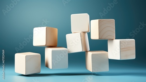 8 wooden blocks floartin on blue surface. Space for text