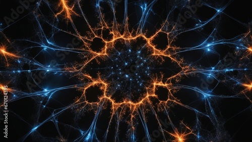 explosion of light and fire A black background with a fractal pattern of electric sparks in blue and orange hues 