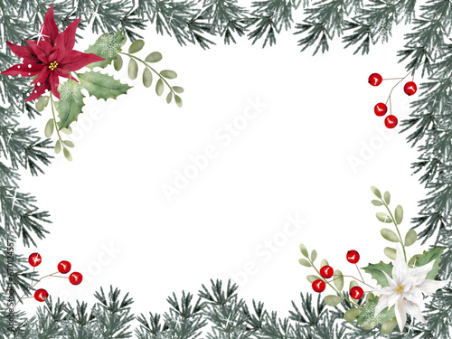 針葉樹とヒイラギとポインセチアのフレーム　クリスマスカード
