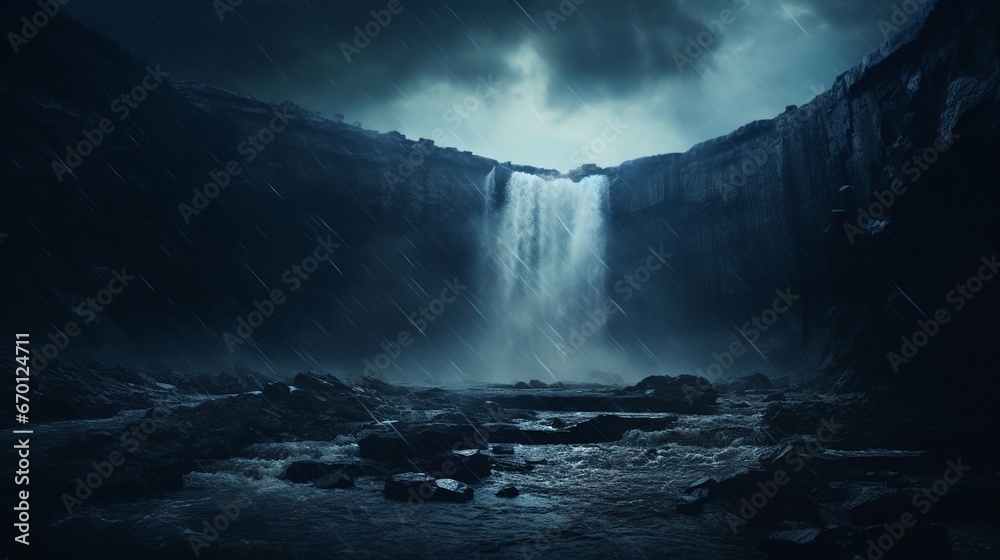 A mesmerizing waterfall surrounded by the enchanting beauty of a dense and mysterious forest