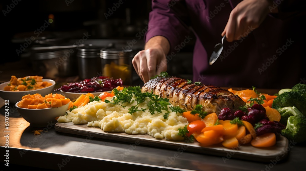 Uma foto de alta qualidade retratando um chef habilidoso ou cozinheiro caseiro organizando meticulosamente um prato de Ação de Graças.
