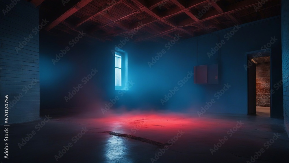 light in the dark A room with brick walls and a concrete floor. A neon light casts a blue glow on the walls.  