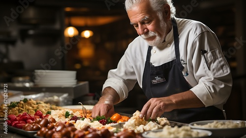 Uma foto de alta qualidade retratando um chef habilidoso ou cozinheiro caseiro organizando meticulosamente um prato de A    o de Gra  as.