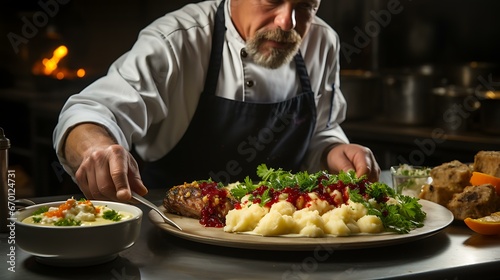 Uma foto de alta qualidade retratando um chef habilidoso ou cozinheiro caseiro organizando meticulosamente um prato de A    o de Gra  as.