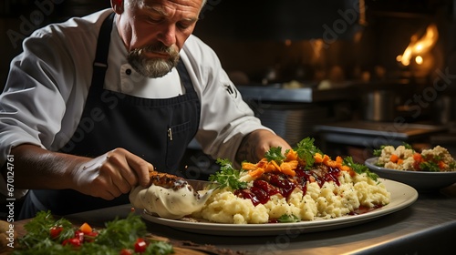Uma foto de alta qualidade retratando um chef habilidoso ou cozinheiro caseiro organizando meticulosamente um prato de Ação de Graças. photo