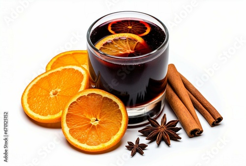 A festive glass of mulled wine with orange slices, cinnamon sticks, and star anise