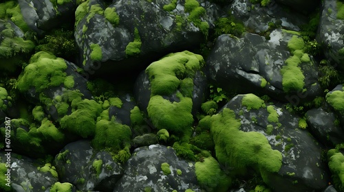 Uma paisagem rochosa é suavizada por um manto de musgo verde vibrante. O musgo adere à pedra, criando um mosaico natural de texturas e tonalidades.