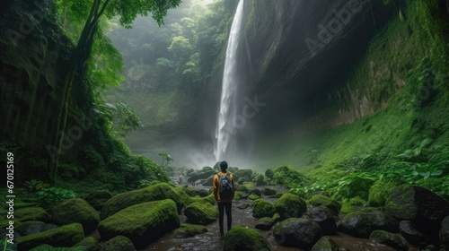 Fotografia Traveler standing on the rock in the tropical rainforest at Madakaripura Waterfa