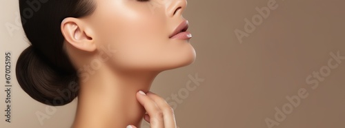 Beautiful young woman with clean fresh skin on beige background, Facial care, Facial care, Cosmetology, beauty
