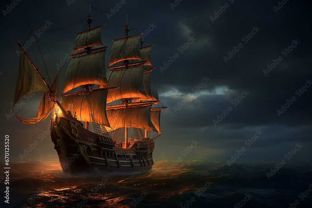 Fototapeta premium Realistic pirate schooner from the 16th-17th century sailing ship on the evening sea. Generative AI