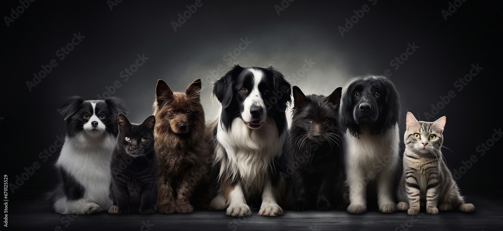 Fototapeta premium Dogs and cats peacefully sitting together