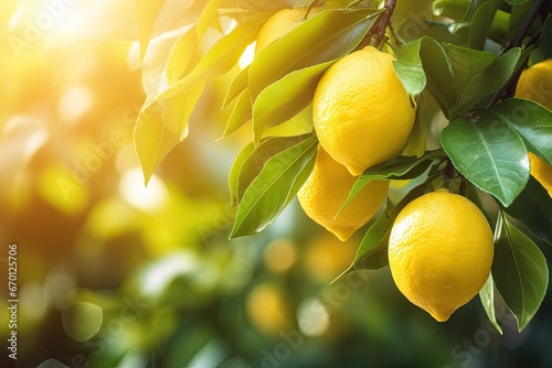 Ripe yellow lemons hanging from a sunny tree branch in a fresh, organic citrus plantation.