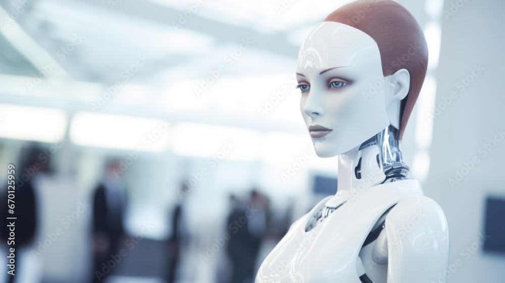 Female robot face closeup on white blurred digital background. Artificial intelligence in virtual reality. Robot head conceptual design closeup portrait. Female robot face closeup on white blurred digital background. Artificial intelligence in virtual reality. Robot head conceptual design closeup portrait.
