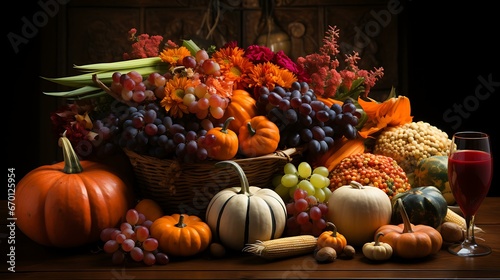 Uma imagem exibindo uma mesa de A    o de Gra  as lindamente decorada  com destaque para uma cornuc  pia transbordando de produtos coloridos de outono. 