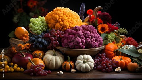Uma imagem exibindo uma mesa de Ação de Graças lindamente decorada, com destaque para uma cornucópia transbordando de produtos coloridos de outono. 