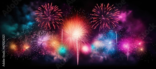 Multicolored fireworks on a dark background. Banner for the site. Place for text. Wallpaper for holidays. Festive light