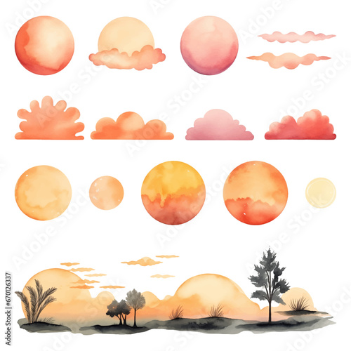 watercolor vector set of sunrise and sunset elements