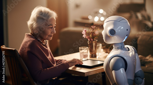 A woman confides his psychological distress to her robotic assistant. Concept of psychological support thanks to AI. photo