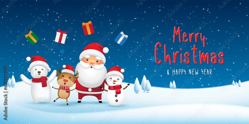 Merry Christmas and happy new year. Greeting card with cartoon characters on a snow, Santa Claus, reindeer, snowman and polar bear. Vector eps10.