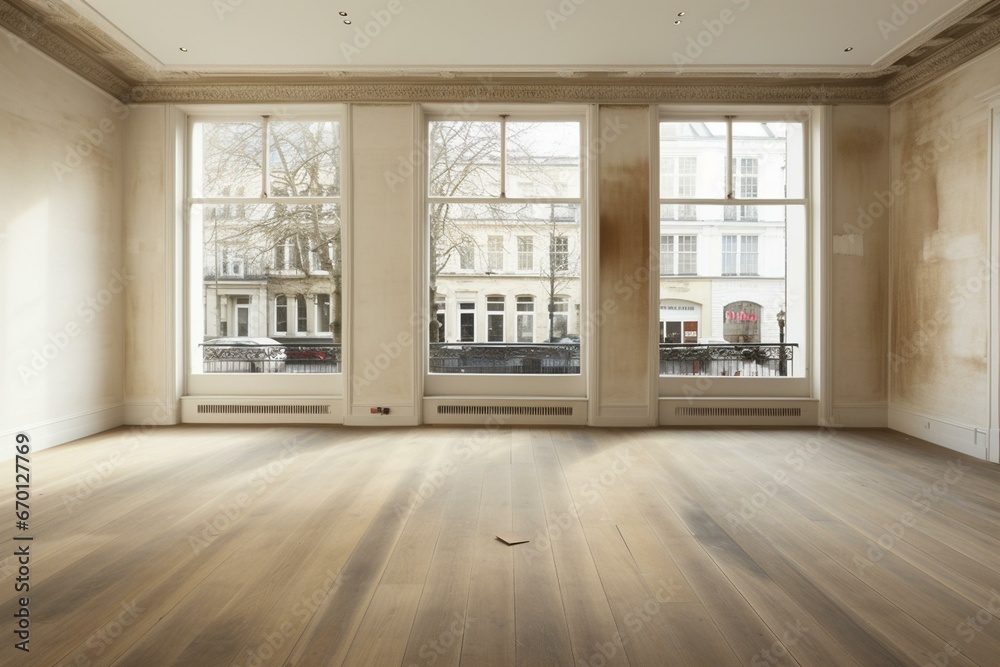 Vacant space with laminate flooring and French windows. Generative AI - obrazy, fototapety, plakaty 