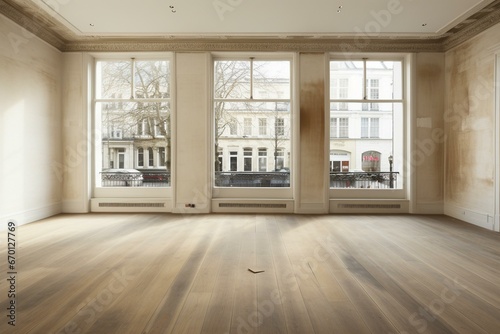 Vacant space with laminate flooring and French windows. Generative AI