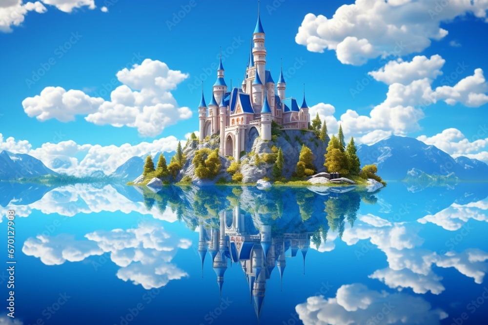 Illustration of a castle on a mountain in a lake with blue sky, clouds ...