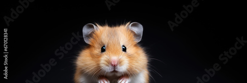 Cute hamster on black background, wide horizontal panoramic banner with copy space, or web site header with empty area for text. photo