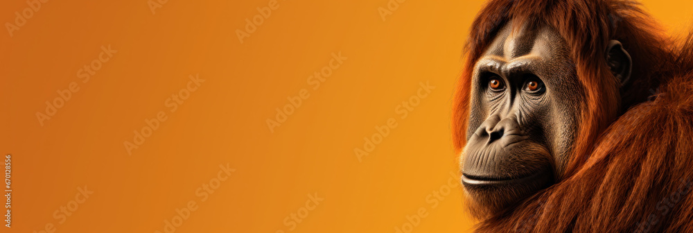 Cute orangutan on orange background, wide horizontal panoramic banner with copy space, or web site header with empty area for text. Cute orangutan on orange background, wide horizontal panoramic banner with copy space, or web site header with empty area for text.