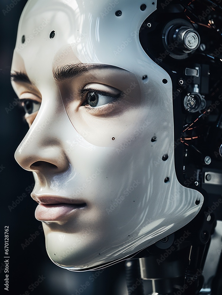 Female robot face closeup on white blurred digital background. Artificial intelligence in virtual reality. Robot head conceptual design closeup portrait. Female robot face closeup on white blurred digital background. Artificial intelligence in virtual reality. Robot head conceptual design closeup portrait.
