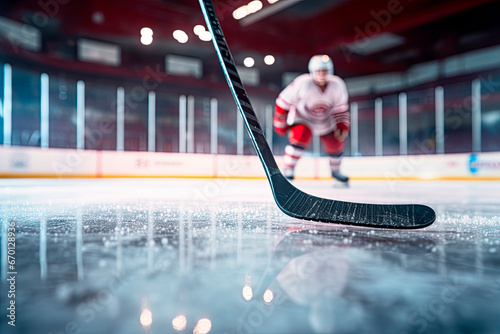 Close up of ice hockey stick on ice rink in position to hit hockey puck