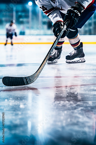 Close up of ice hockey stick on ice rink in position to hit hockey puck