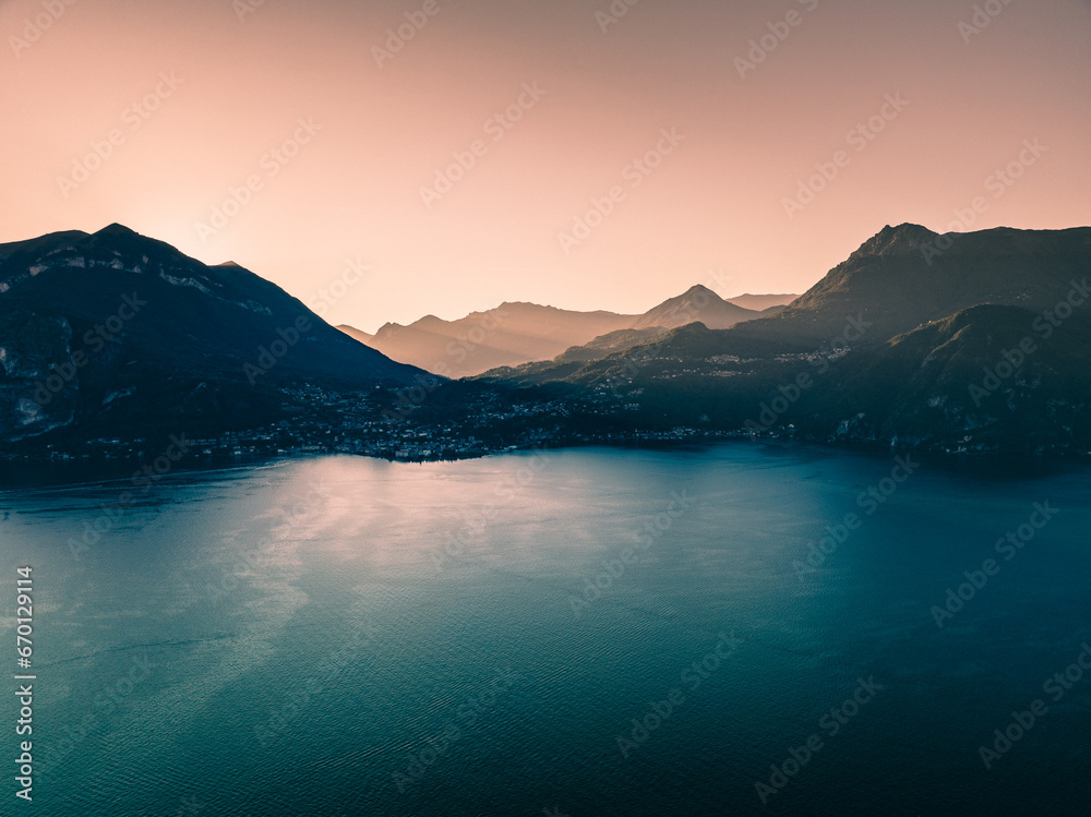Aerial of Sunset in Lake Como Italy