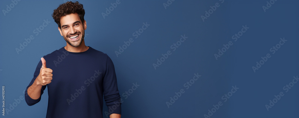 Portrait of smiling young man showing thumbs up on a blue background - obrazy, fototapety, plakaty 