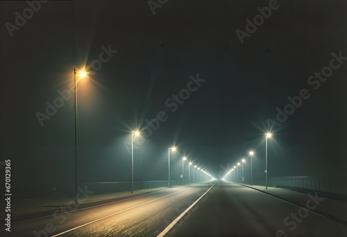 night road in fog and lighting poles