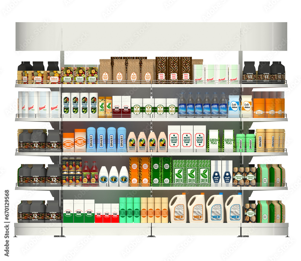 Shelf rack, display case for a supermarket with display of goods. 3d illustration