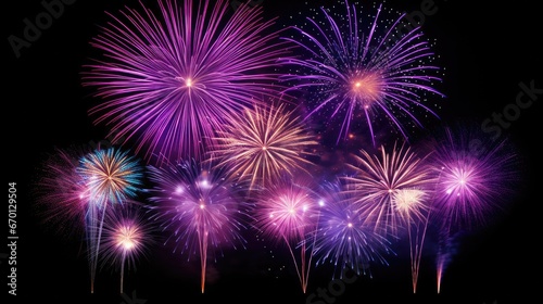Multicolored fireworks on a dark background. Banner for the site. Place for text. Wallpaper for holidays. Festive light