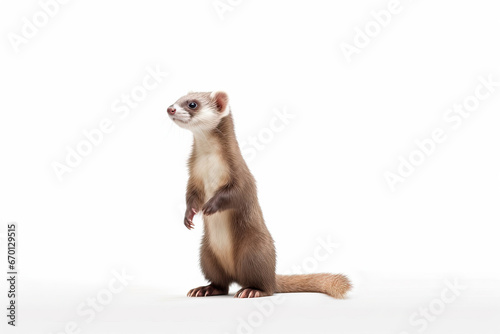 ferret on white background,Curious Explorer: A Ferret on Two Feet