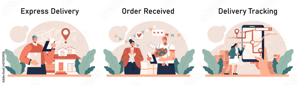 Obraz premium Delivery of goods set. Warehousing, logistics and delivery of customer' order. Transportation and distribution service. Flat vector illustration