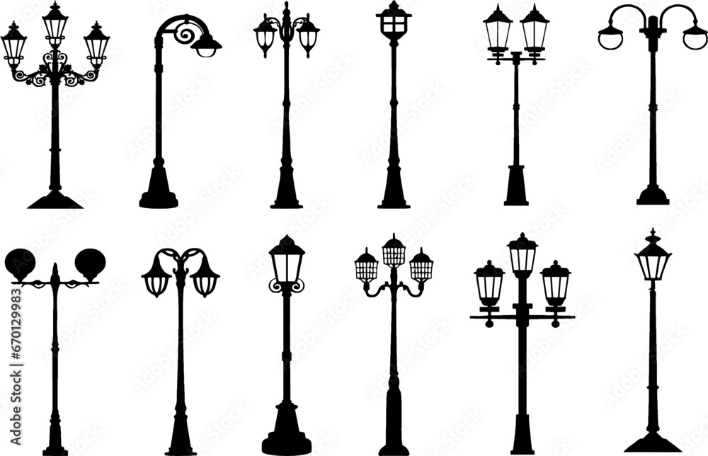 Set of Street Lamps. Vintage Street Light Post. Editable Vector Illustration Isolated on White Background. Manufacturing, marketing, packing and printing idea. eps 10. - obrazy, fototapety, plakaty 