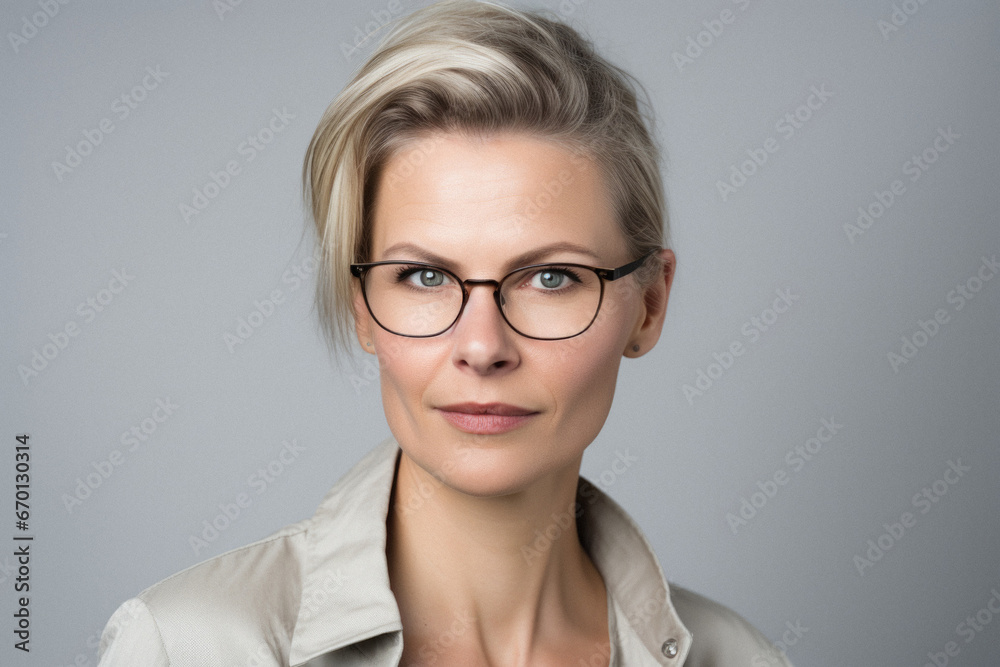 Portrait of beautiful woman in eyeglasses looking at camera isolated on grey.
