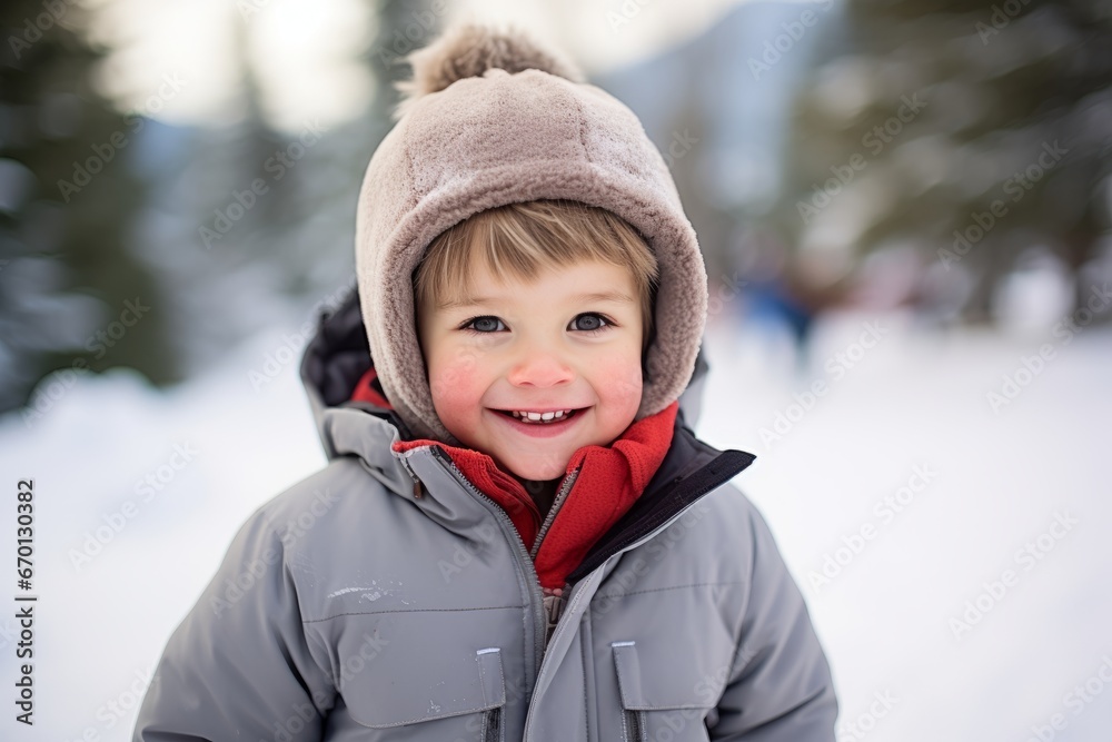 A rosy-cheeked young boy, bundled up in winter gear, returning home with a satisfied smile after a fun-filled day of sledding during the Christmas season A rosy-cheeked young boy, bundled up in winter gear, returning home with a satisfied smile after a fun-filled day of sledding during the Christmas season