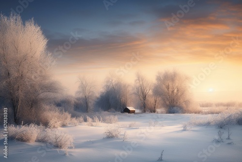 A serene winter landscape that evokes thoughts of consciousness, spirituality, solitude, and aloneness. Generative AI