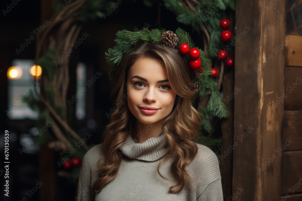 Festive Portrait of a Woman with a Chic Bun Hairstyle, Holding a Beautiful Christmas Wreath, Surrounded by a Rustic Wooden Setup Festive Portrait of a Woman with a Chic Bun Hairstyle, Holding a Beautiful Christmas Wreath, Surrounded by a Rustic Wooden Setup